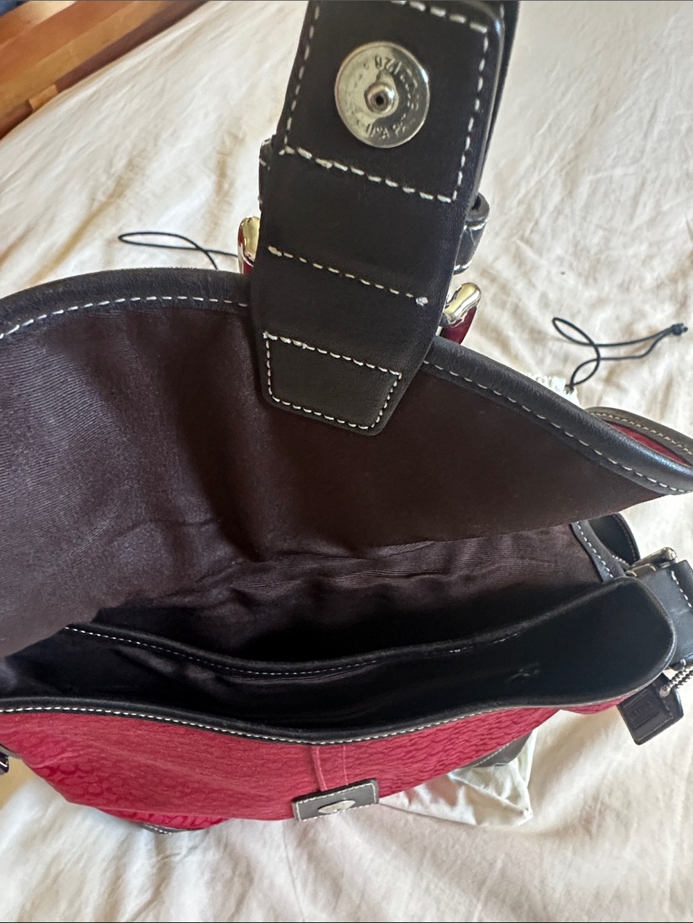 Coach Red Signature Canvas Shoulder Bag with Dark Brown Leather Trim - Picture 7 of 11